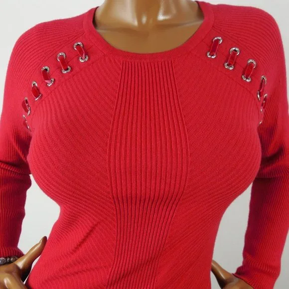 INC Top M Red Ribbed Sweater Velvet Lace Up Rhinestone Grommets Party Shirt - Picture 3 of 9